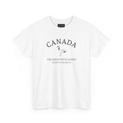 On the front of this patriotic short sleeve shirt is an image of a Canadian Goose with the word Canada above it in a half circle, the words "The Great White North" are underneath the image with Canada's coordinates underneath that.