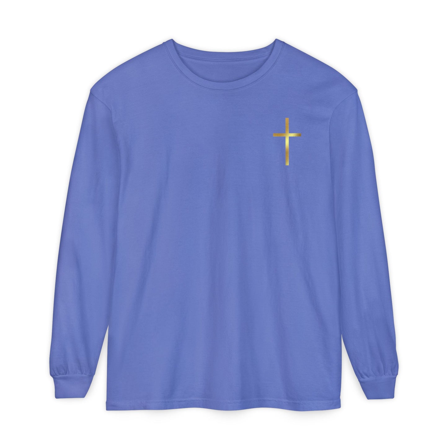 On the front of this custom Christian long sleeve shirt is a gold cross over the top left chest of the shirt.