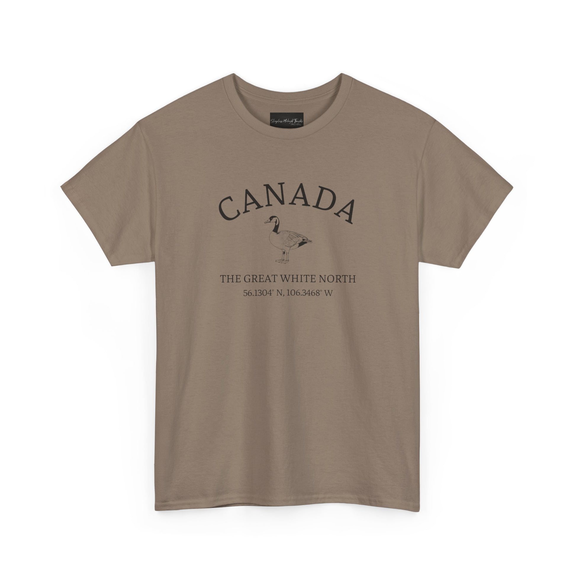 On the front of this patriotic short sleeve shirt is an image of a Canadian Goose with the word Canada above it in a half circle, the words "The Great White North" are underneath the image with Canada's coordinates underneath that.