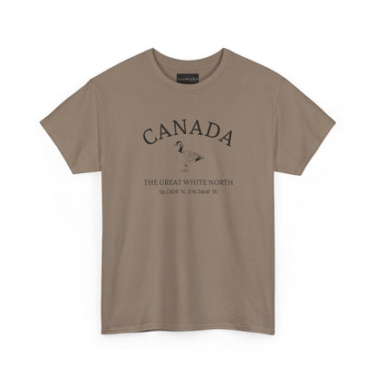 On the front of this patriotic short sleeve shirt is an image of a Canadian Goose with the word Canada above it in a half circle, the words "The Great White North" are underneath the image with Canada's coordinates underneath that.