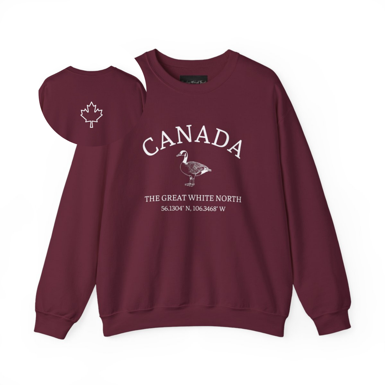On the front of this unisex super soft Canadian sweatshirt is the word Canada in large text on the top with an image of a Canadian Goose underneath. Under the Goose are the words The Great White North with Canada's geological location under that.