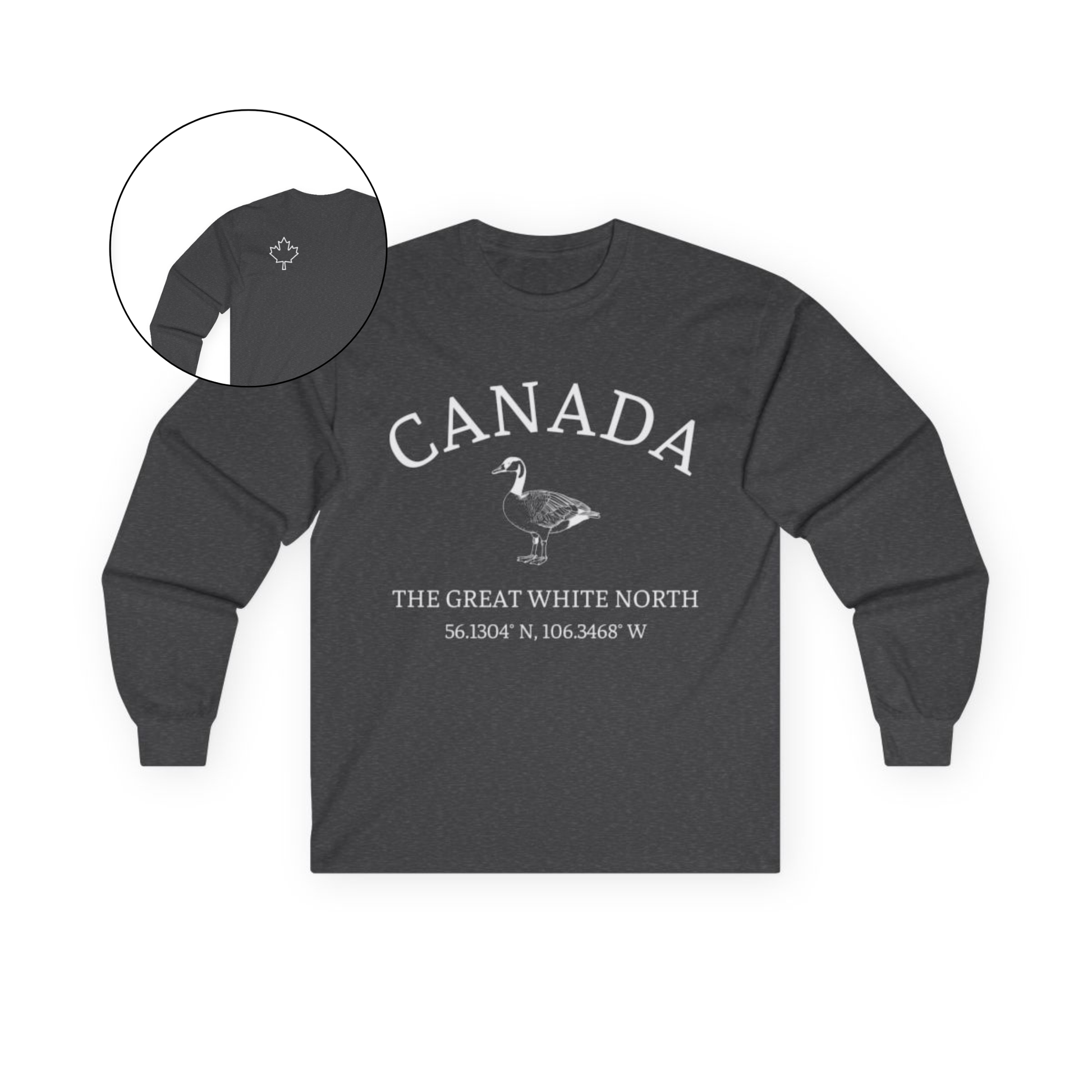This custom Canadian made unisex long sleeve t-shirt features a Canadian goose on the front in the center of the shirt with the words 'Canada'  above it and 'The Great White North' under the goose, on the back left shoulder blade of the long sleeve shirt is a maple leaf.