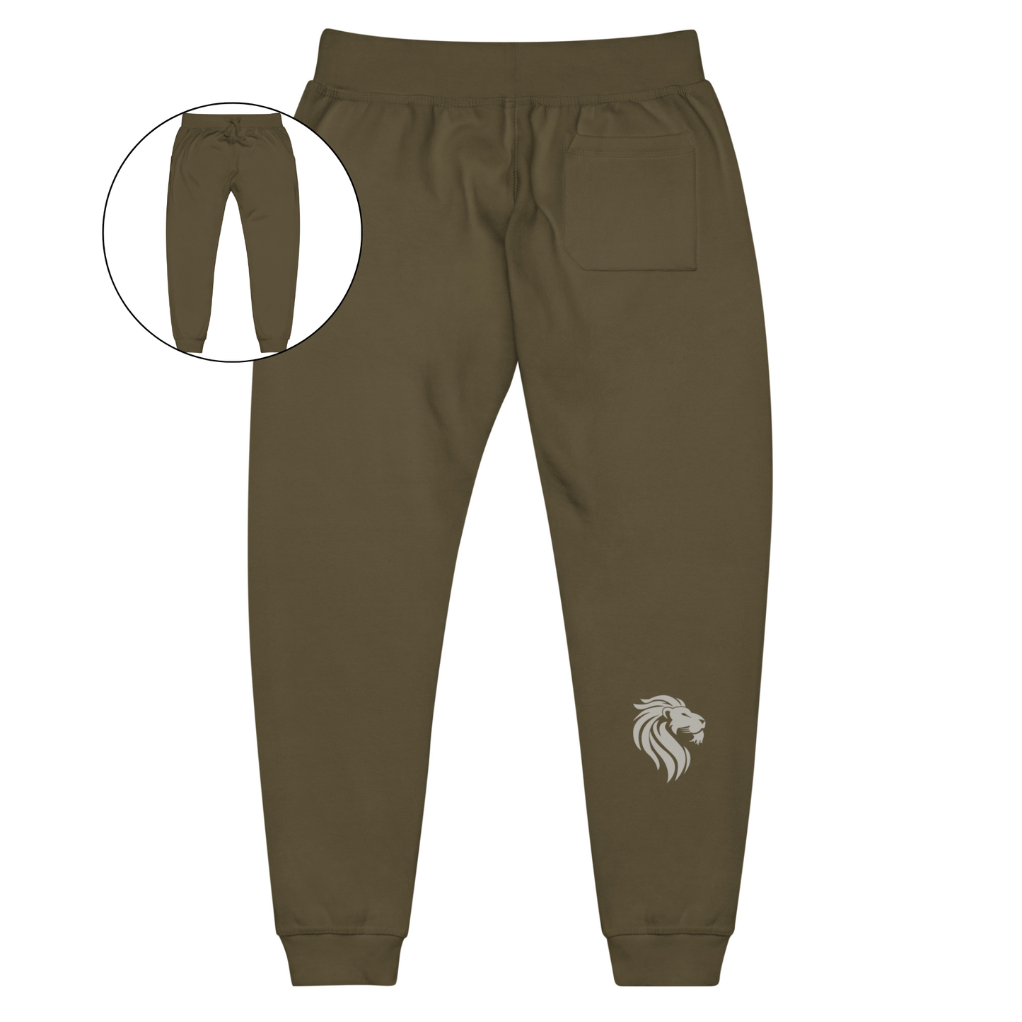 A pair of super soft custom unisex fleece sweatpants with a male lion head on the back calf of the right leg embroidered in silver.