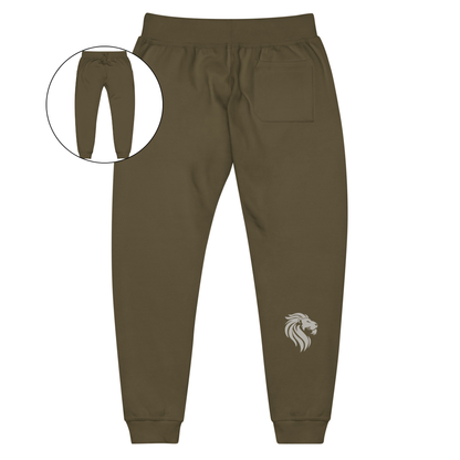 A pair of super soft custom unisex fleece sweatpants with a male lion head on the back calf of the right leg embroidered in silver.
