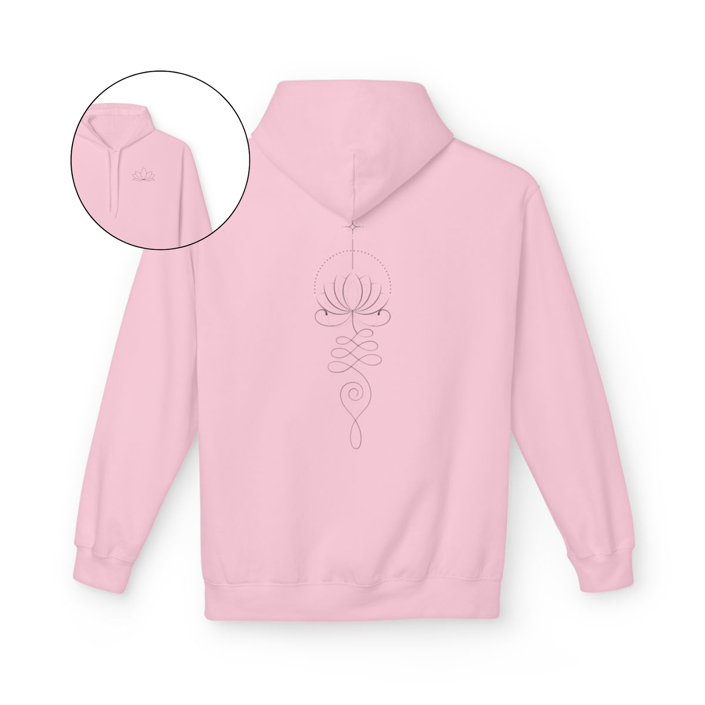 On the back of this custom women's hoodie is a unalome design with a lotus flower in the center of it, the design takes up the entire back of the hoodie from the top to the bottom, on the from of the hoodie, over the left chest is a image of a lotus flower.