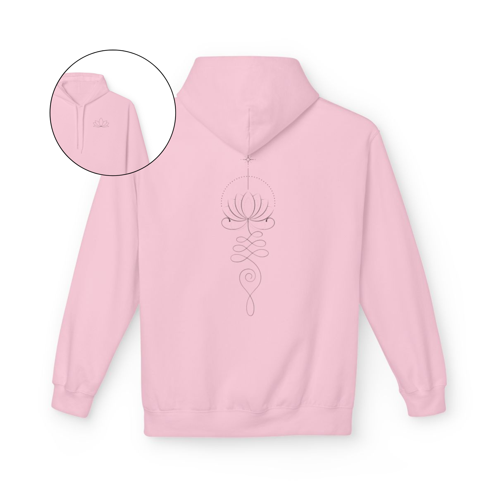 On the back of this custom women's hoodie is a unalome design with a lotus flower in the center of it, the design takes up the entire back of the hoodie from the top to the bottom, on the from of the hoodie, over the left chest is a image of a lotus flower.