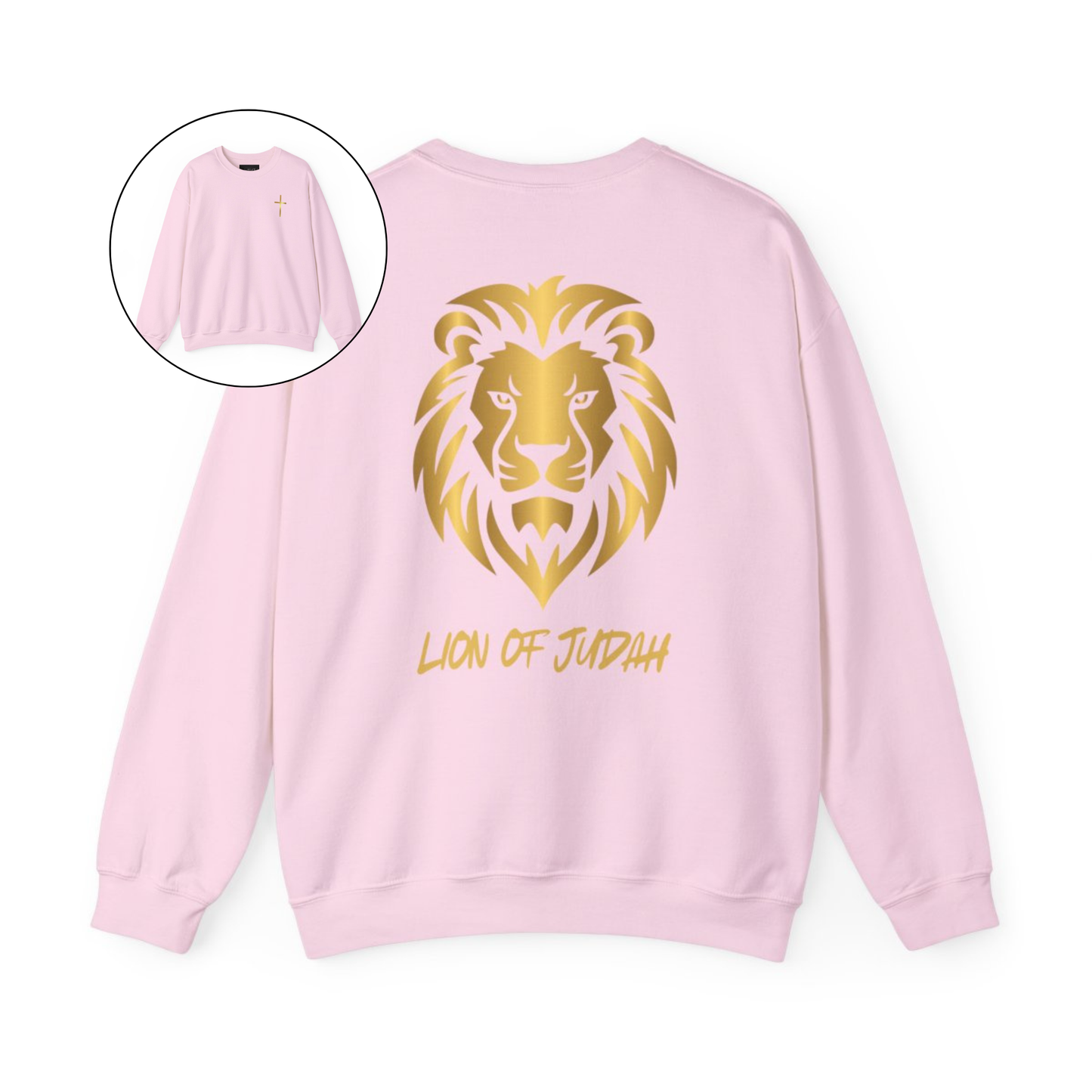 On the front of this custom Christian sweater is a gold Jesus cross on the front left chest, on the back of the pullover is a large gold male lion head with the words Lion of Judah in gold underneath the animal head.