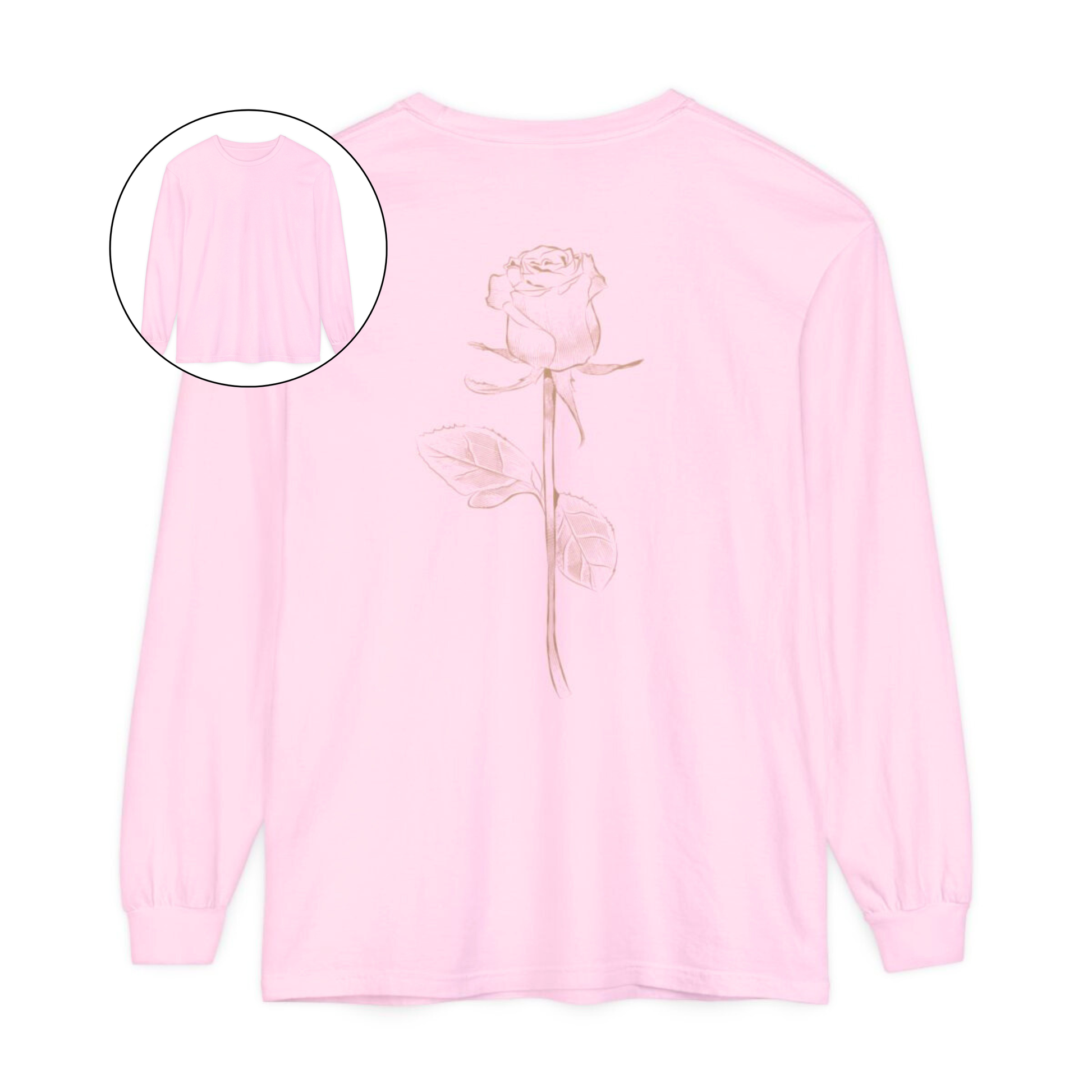 On the back of this custom women's long sleeve tee is a beige colored long stem rose that is the length of the shirt