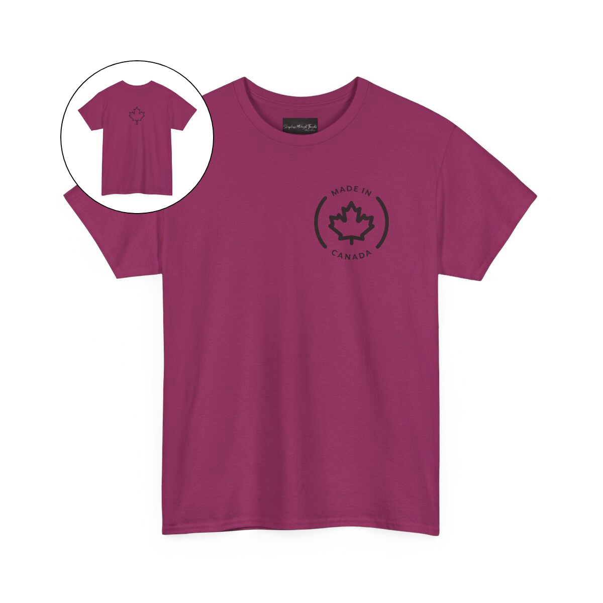 On the front of this custom short sleeve shirt is a circle on the upper left chest of the shirt with the words Made In Canada with a maple leaf in the middle, on the back of the shirt is a maple leaf right in between the shoulder blades.