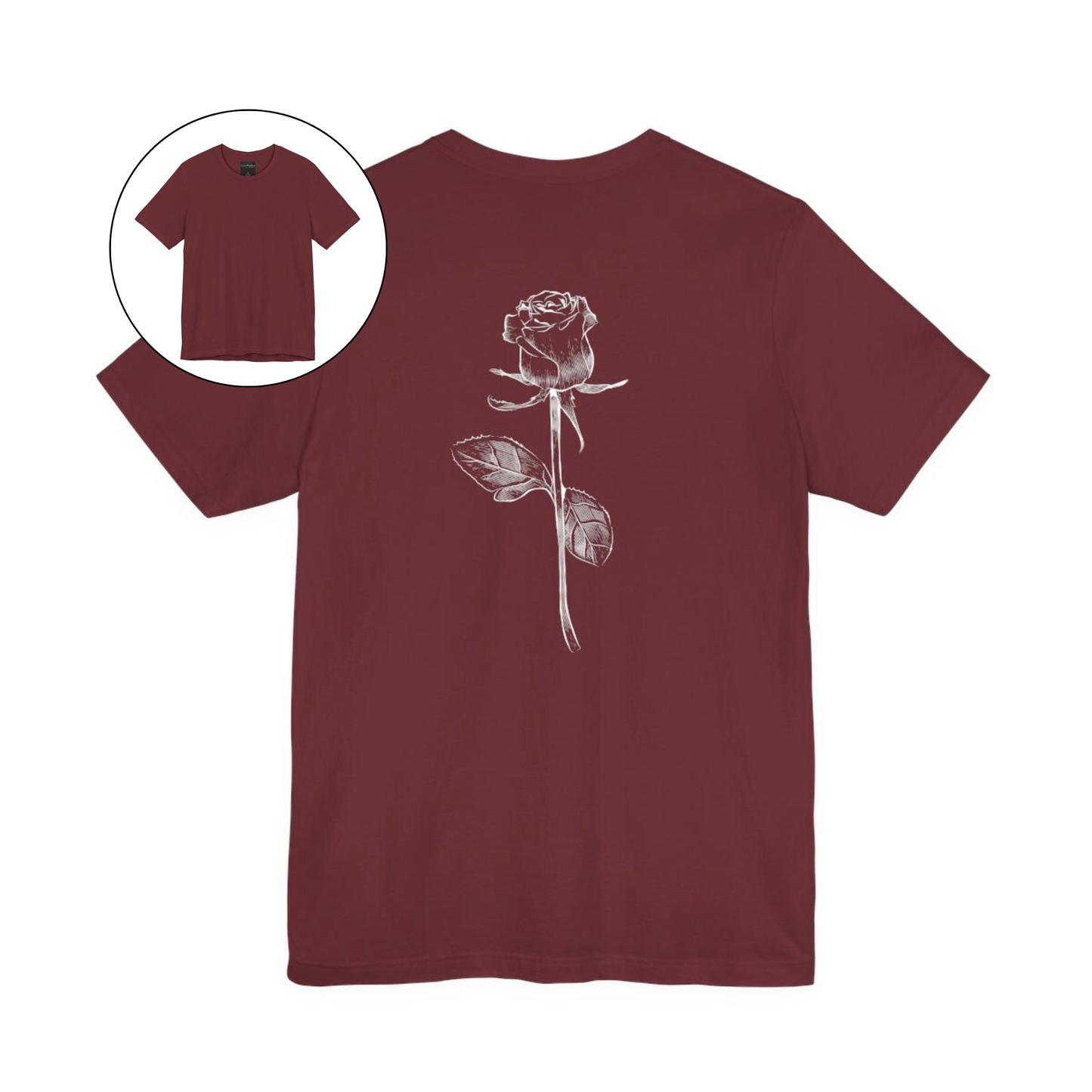 On the back of this custom women's short sleeve shirt is a large rose from the top to the bottom in the center of the back.