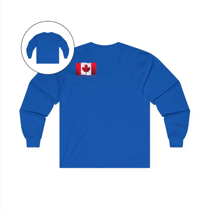 On the back left shoulder blade of this unisex long sleeve shirt is a red Canadian flag that has the words In God We trust underneath the flag, perfect for those wishing to represent God and their country.