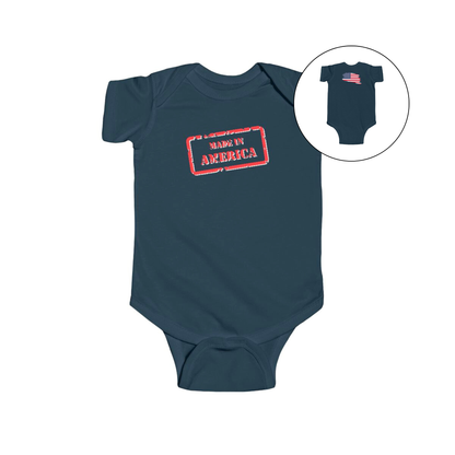 On the front of this custom baby onesie are the words Made In America in a rectangular box that makes it look like a stamp, on the back of this bodysuit is the American flag.