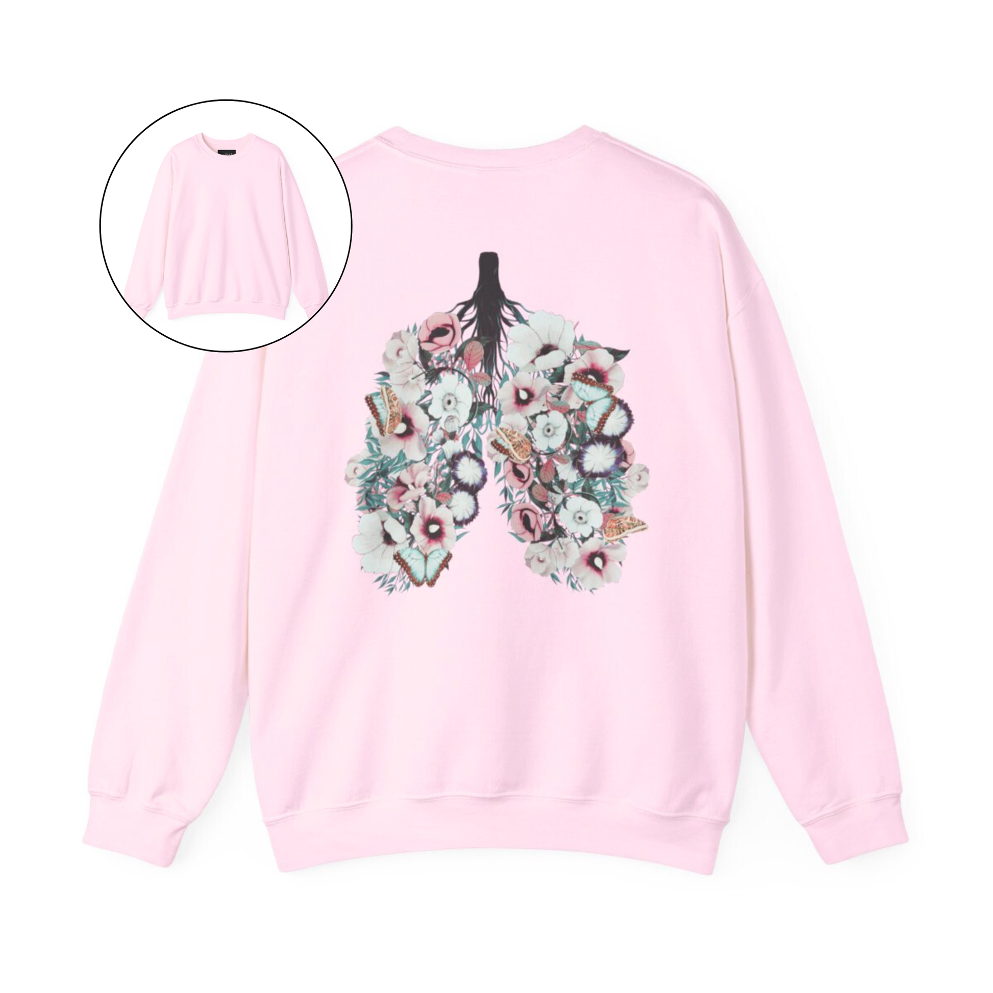 On the back of this women's pullover sweatshirt is an image of a set of lungs, but the lungs are made out of vines with pink and white flowers all over them, there are butterflies sitting in top of the flowers that are light blue in color.