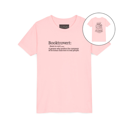 On the front of this custom youth t-shirt it says the word Booktrovert in large letter with the meaning of the words underneath it, on the back of the shirt is an image of a large stack of books.