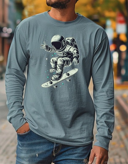 On the front of this custom unisex long sleeve shirt is an image of an astronaut riding a skateboard, there are a bunch of stars around the astronaut.
