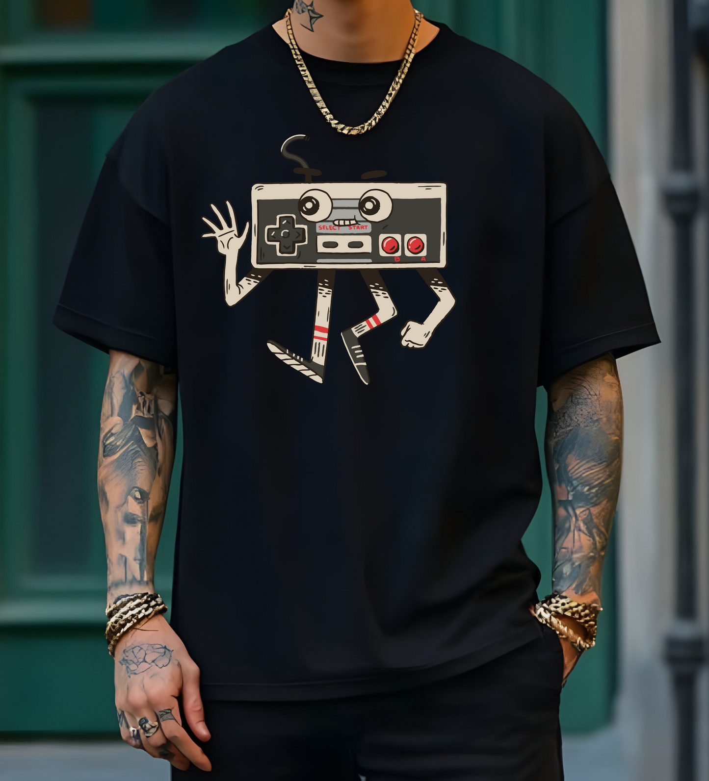 On the front of this custom vintage gaming short sleeve shirt is an image of a old school Nintendo controller, the controller has arms and legs and a face that makes it look like a cartoon character.