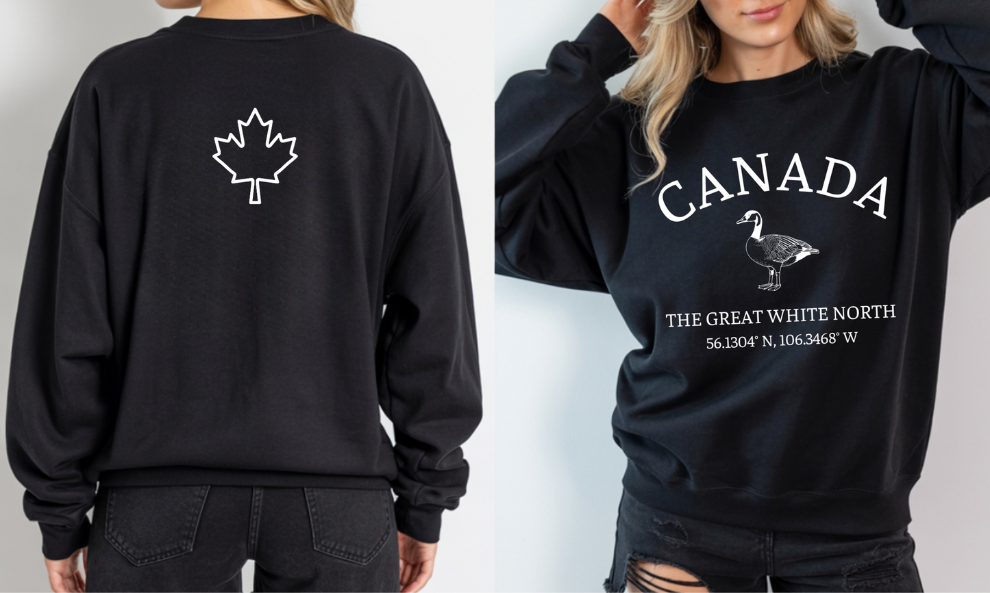 On the front of this unisex super soft Canadian sweatshirt is the word Canada in large text on the top with an image of a Canadian Goose underneath. Under the Goose are the words The Great White North with Canada's geological location under that.
