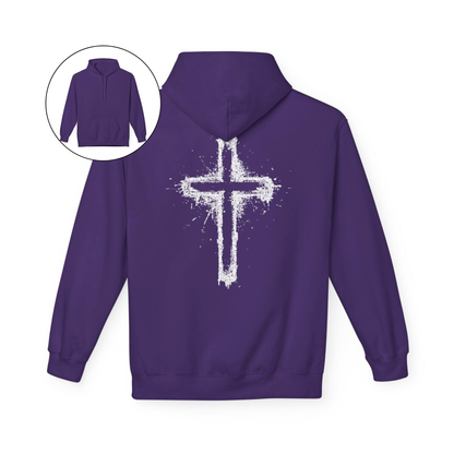 On the back of this Christian hoodie is a large spray painted Jesus cross that takes up the entire back of the sweater.