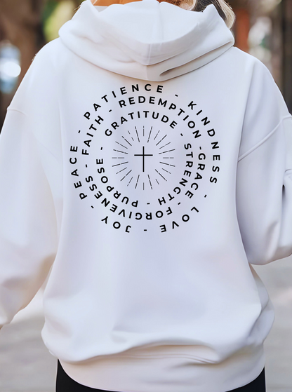 This custom Christian hoodie features a unique design on the back with a centered cross surrounded by circles of words such as Gratitude, Redemption, Patience, Joy, Love, Kindness, Peace, Faith, Forgiveness, Grace, Purpose and Strength.