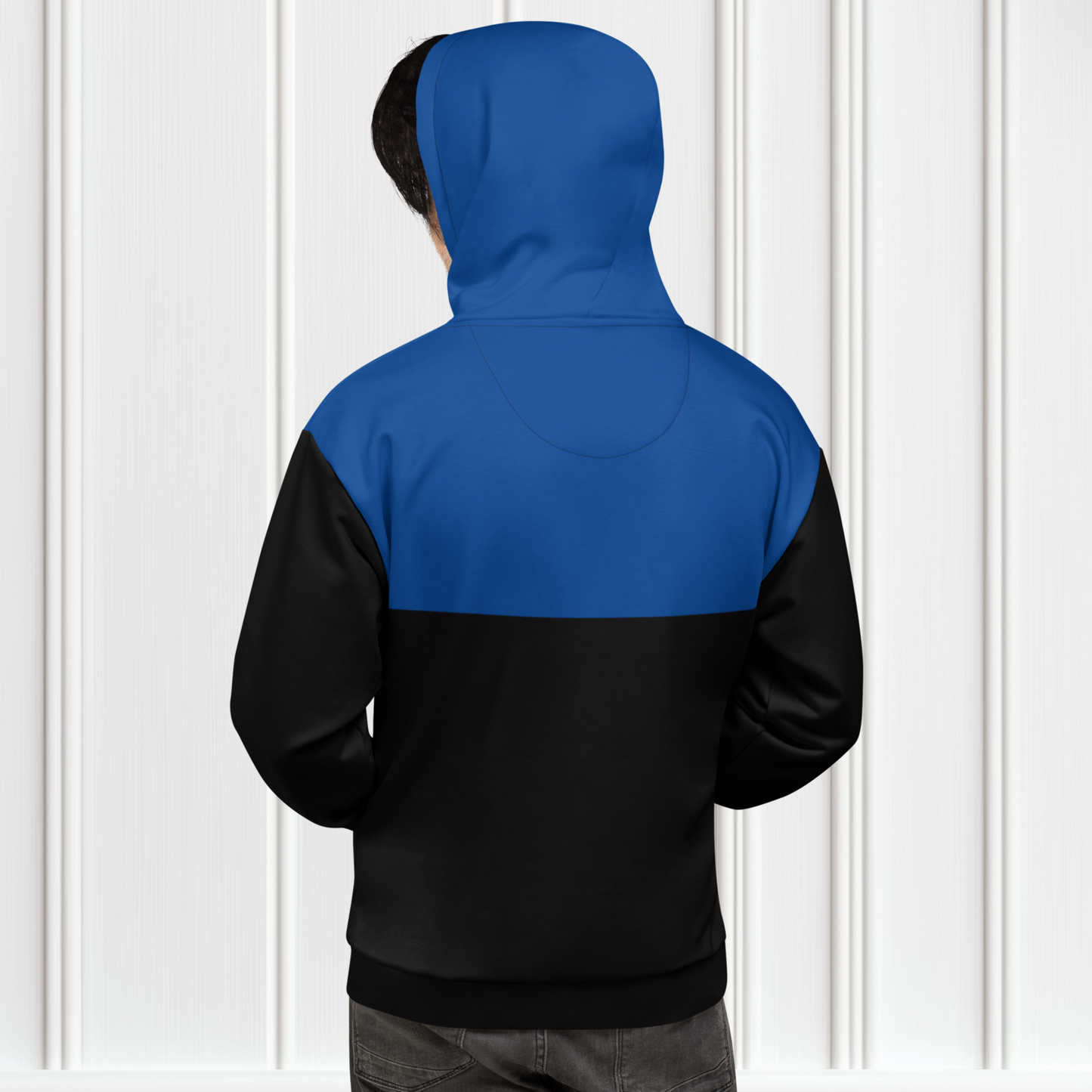 A custom unisex hand sewn hoodie with the top half along with the front pocket being a bright blue color, the rest of the hoodie is black in color,
