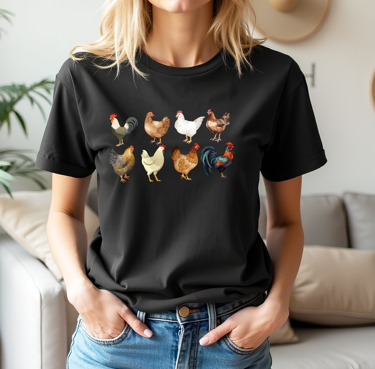 On the front of this custom unisex short sleeve shirt are two rows of chickens, each chicken is different with different color feathers.