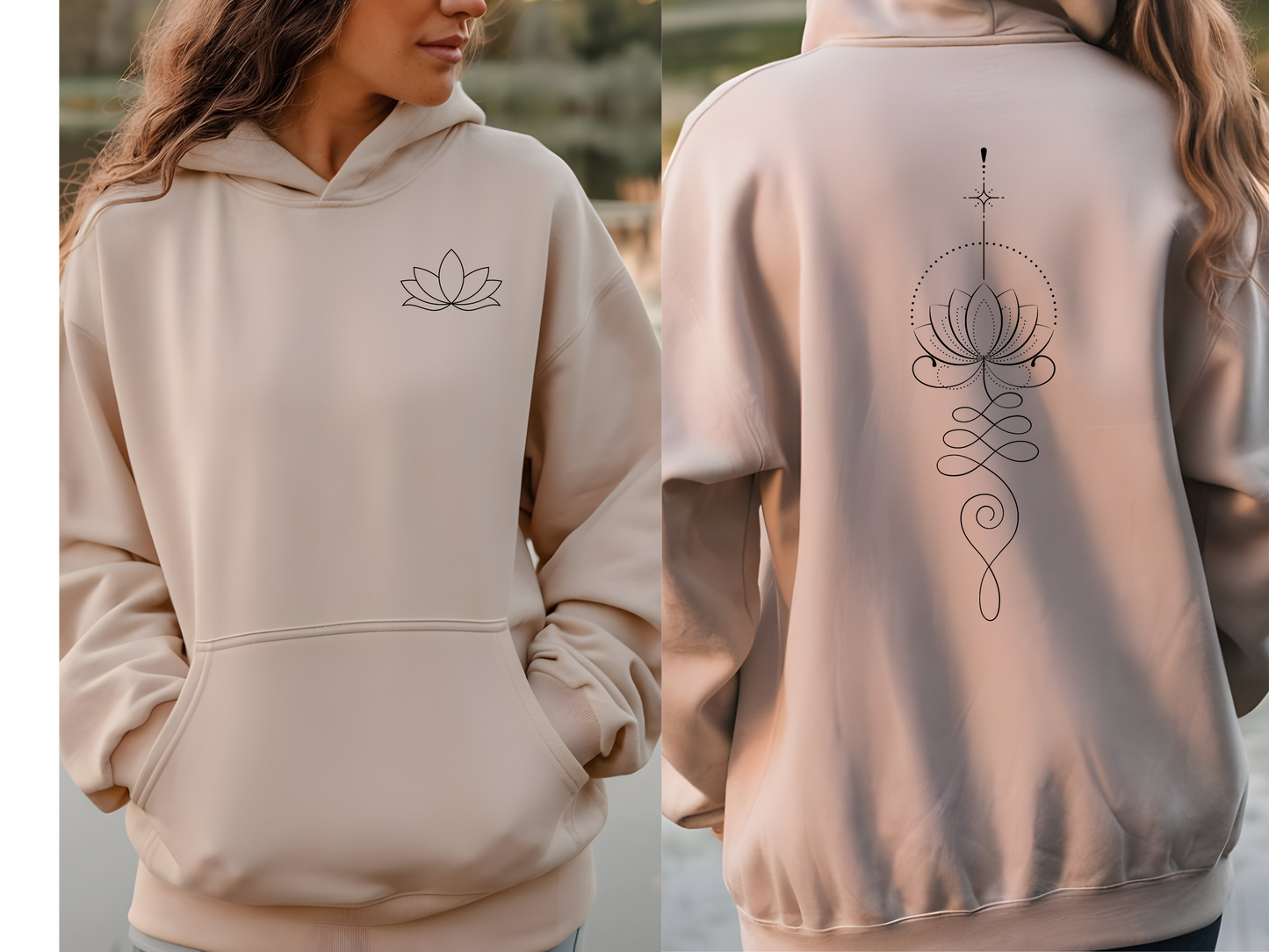 On the back of this custom women's hoodie is a unalome design with a lotus flower in the center of it, the design takes up the entire back of the hoodie from the top to the bottom, on the from of the hoodie, over the left chest is a image of a lotus flower.