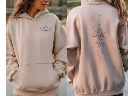 On the back of this custom women's hoodie is a unalome design with a lotus flower in the center of it, the design takes up the entire back of the hoodie from the top to the bottom, on the from of the hoodie, over the left chest is a image of a lotus flower.