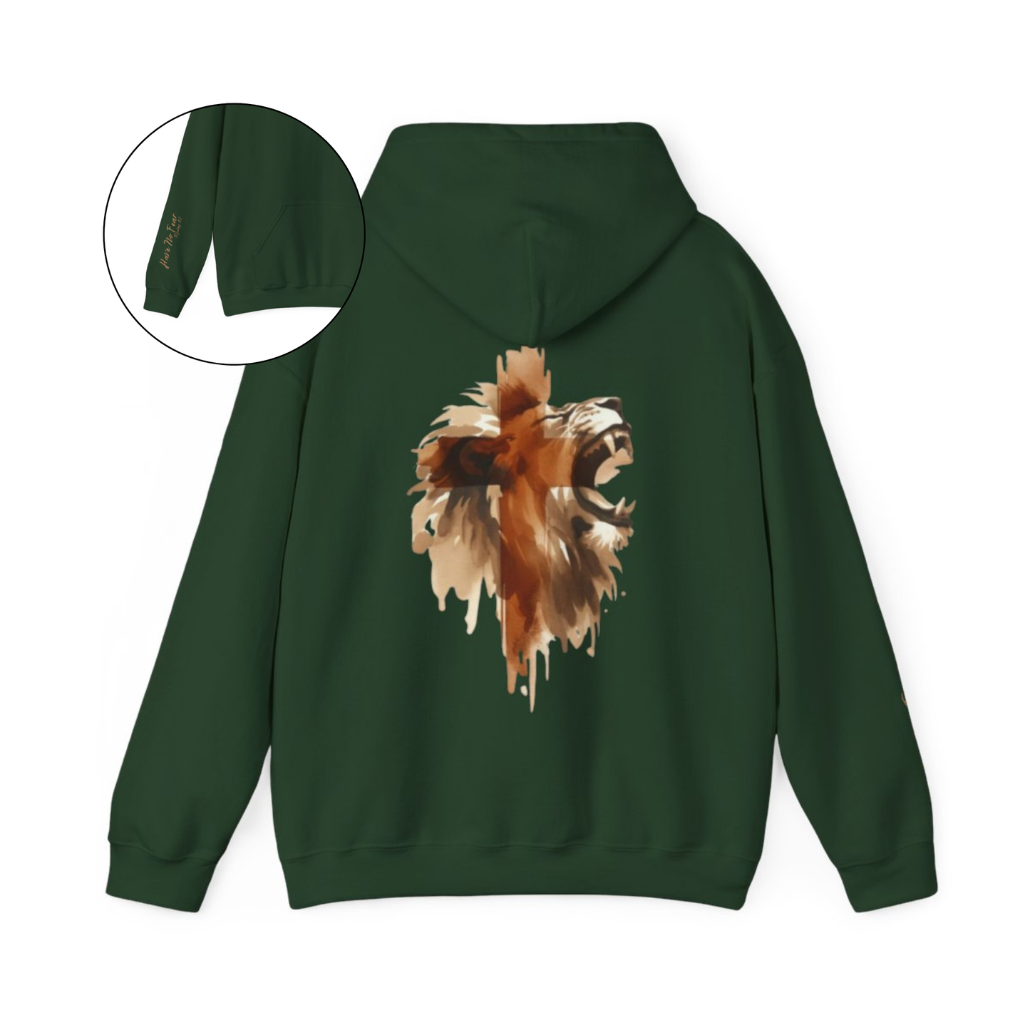 This custom Christian unisex hoodie features a image of a majestic male lion roaring with a Jesus cross overlayed overtop of the lion on the back of the hoodie, the bible verse Have No Fear Psalms 27:1 is on the right sleeve in gold cursive font.