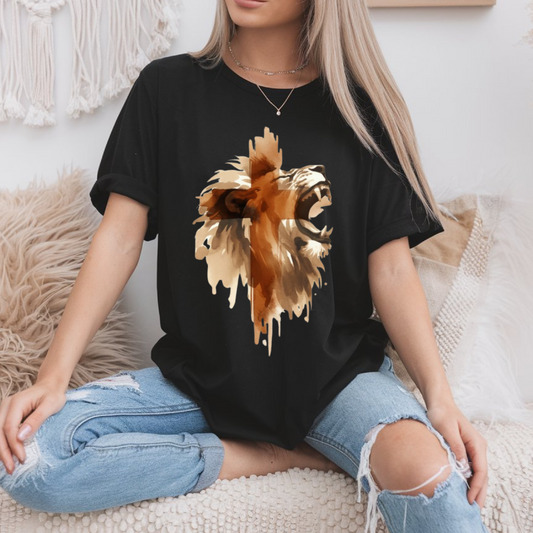 On the front of this custom unisex Christian short sleeve shirt is an image of a male lion with roaring with a Jesus cross super imposed overtop, both the lion and the cross are dripping like they have been spraypainted onto the shirt.