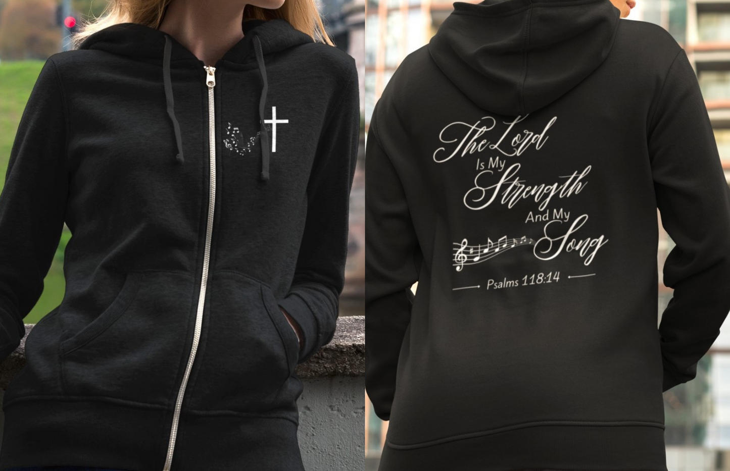 On the front of this custom Christian zip up sweater is a Jesus cross with music notes on the right chest, on the back of the sweater is the scripture the Lord is my strength and my song Psalms 118:14 with music notes underneath the writing.