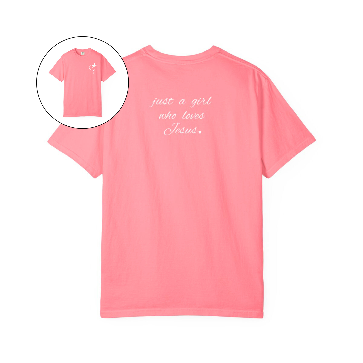 On the front of this custom women's Christian t-shirt is a heart with a cross through it, on the back top of the shirt right between the shoulder blades are the words just a girl who loves Jesus in a cursive writing.