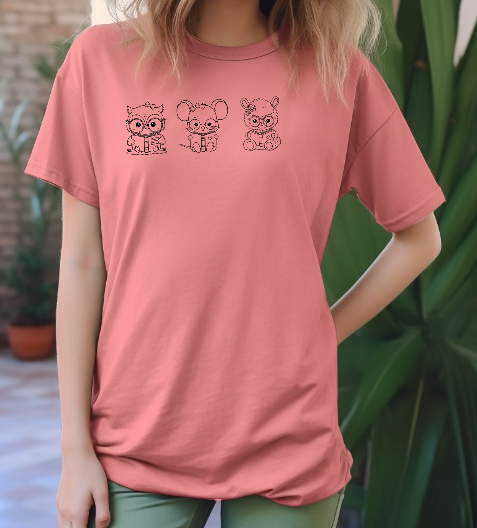 On the front of this custom women's shirt are three baby farm animals with the first being a baby owl then a baby mouse and the last one is a baby lamb, all three of the animals have glasses on and are reading books.