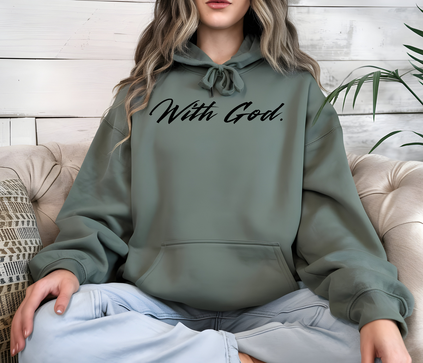 On the front of this custom Christian Hooded Sweatshirt are the words With God in large modern font across the top center of the hoodie.