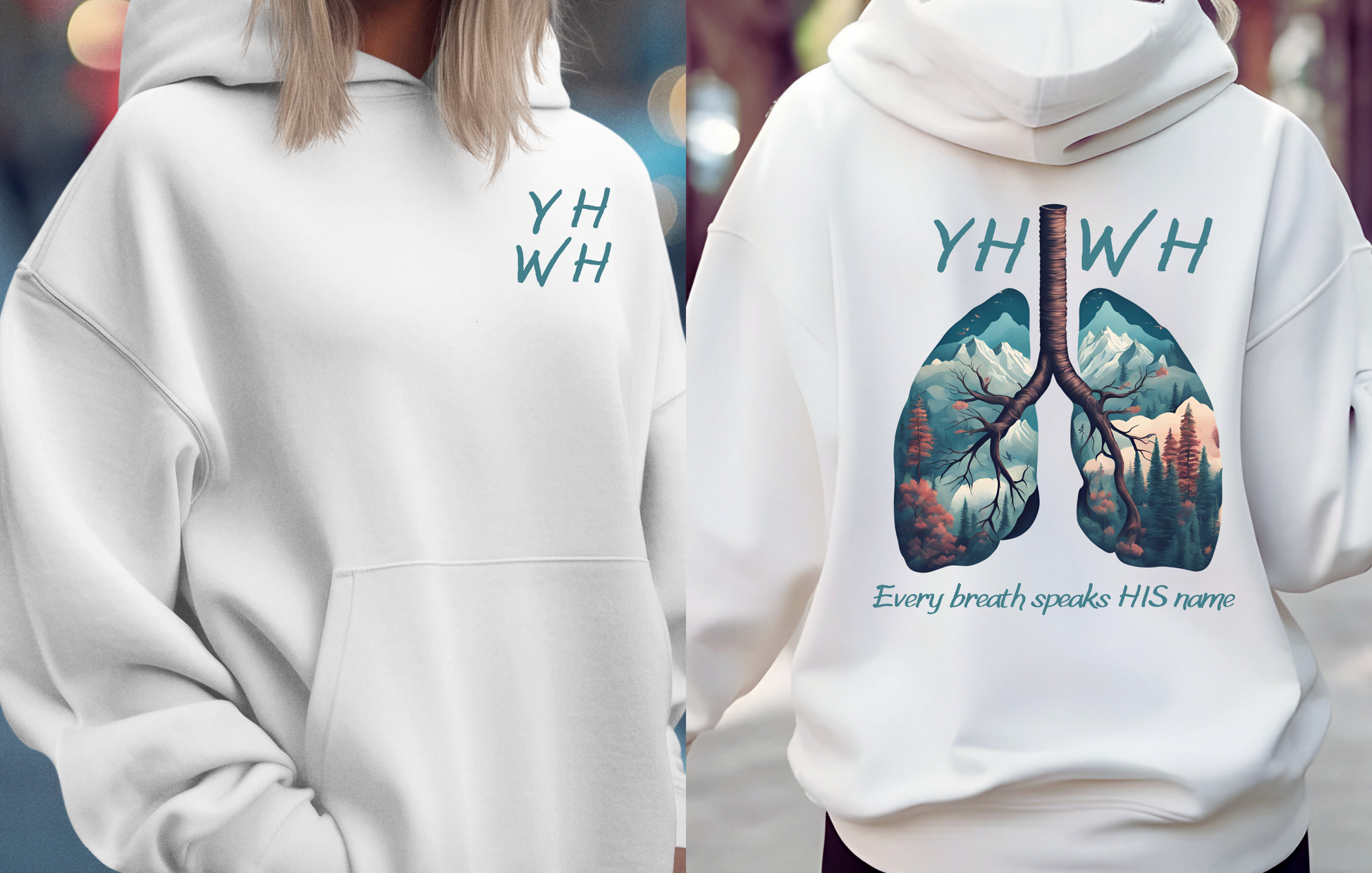 This custom Christian unisex hoodie features the letters YHWH on the front chest in light blue writing, and an image of lungs filled with a nature scene on the back with the words every breath speaks HIS name in the same color blue as the front.