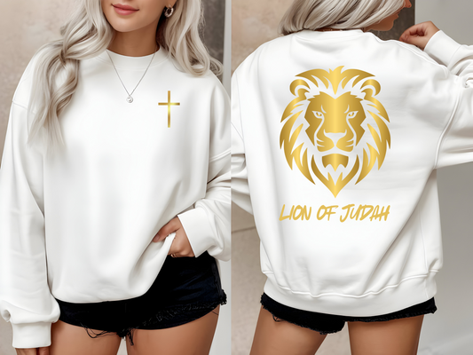 On the front of this custom Christian sweater is a gold Jesus cross on the front left chest, on the back of the pullover is a large gold male lion head with the words Lion of Judah in gold underneath the animal head.
