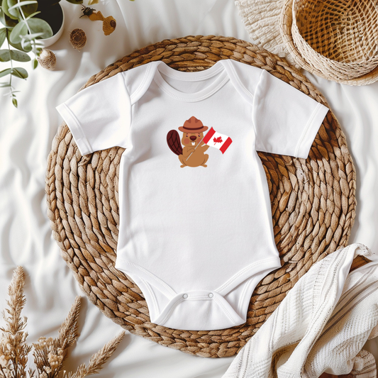 On the front of this custom baby Onesie® is an image of a beaver with a western hat on waving a Canadian flag.