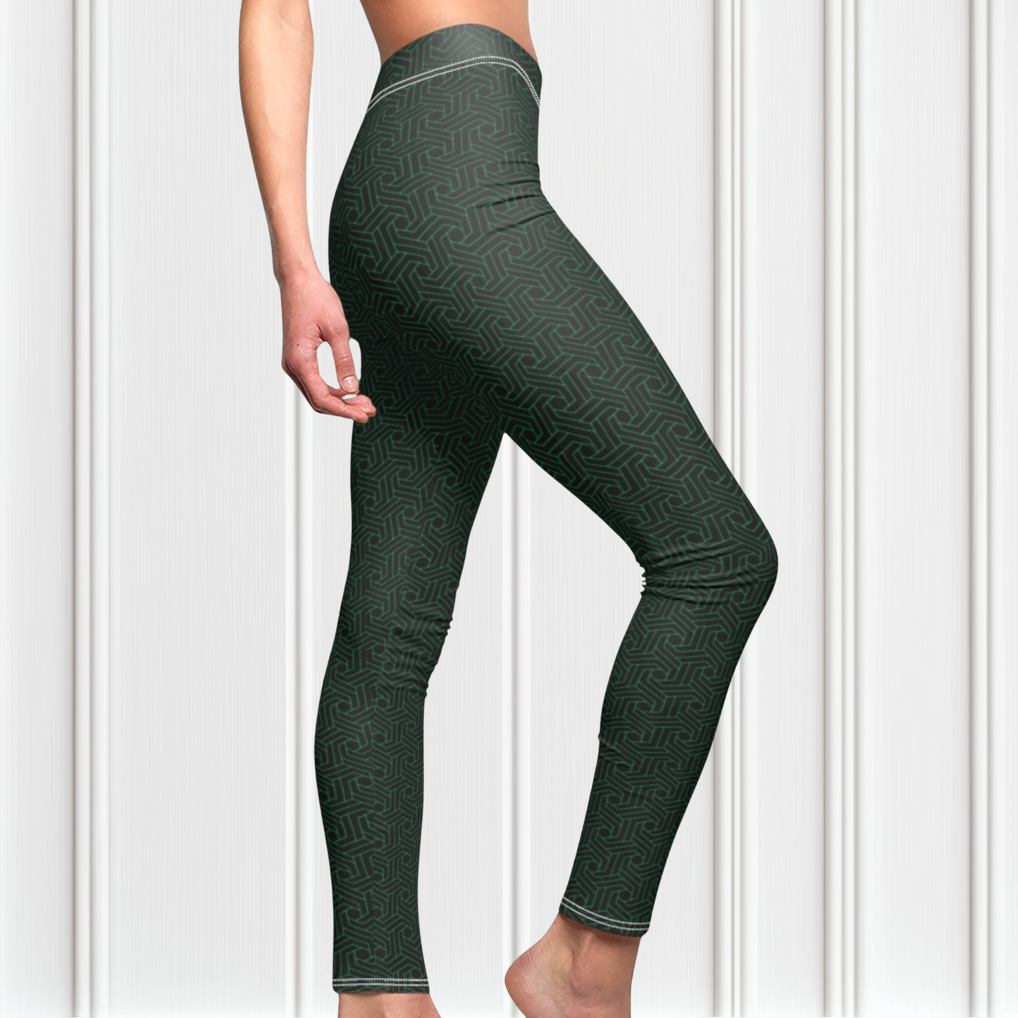 These custom handmade women's high waisted leggings are black in color with a glowing green geometric pattern overlayed on the top.