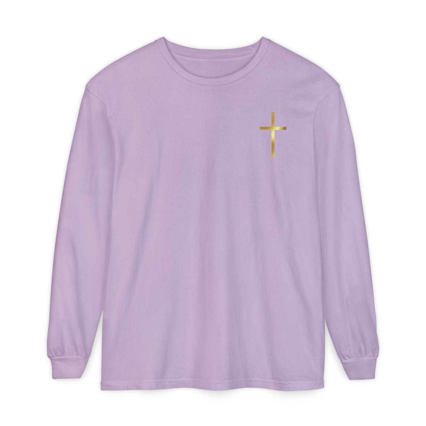 On the front of this custom Christian long sleeve shirt is a gold cross over the top left chest of the shirt.