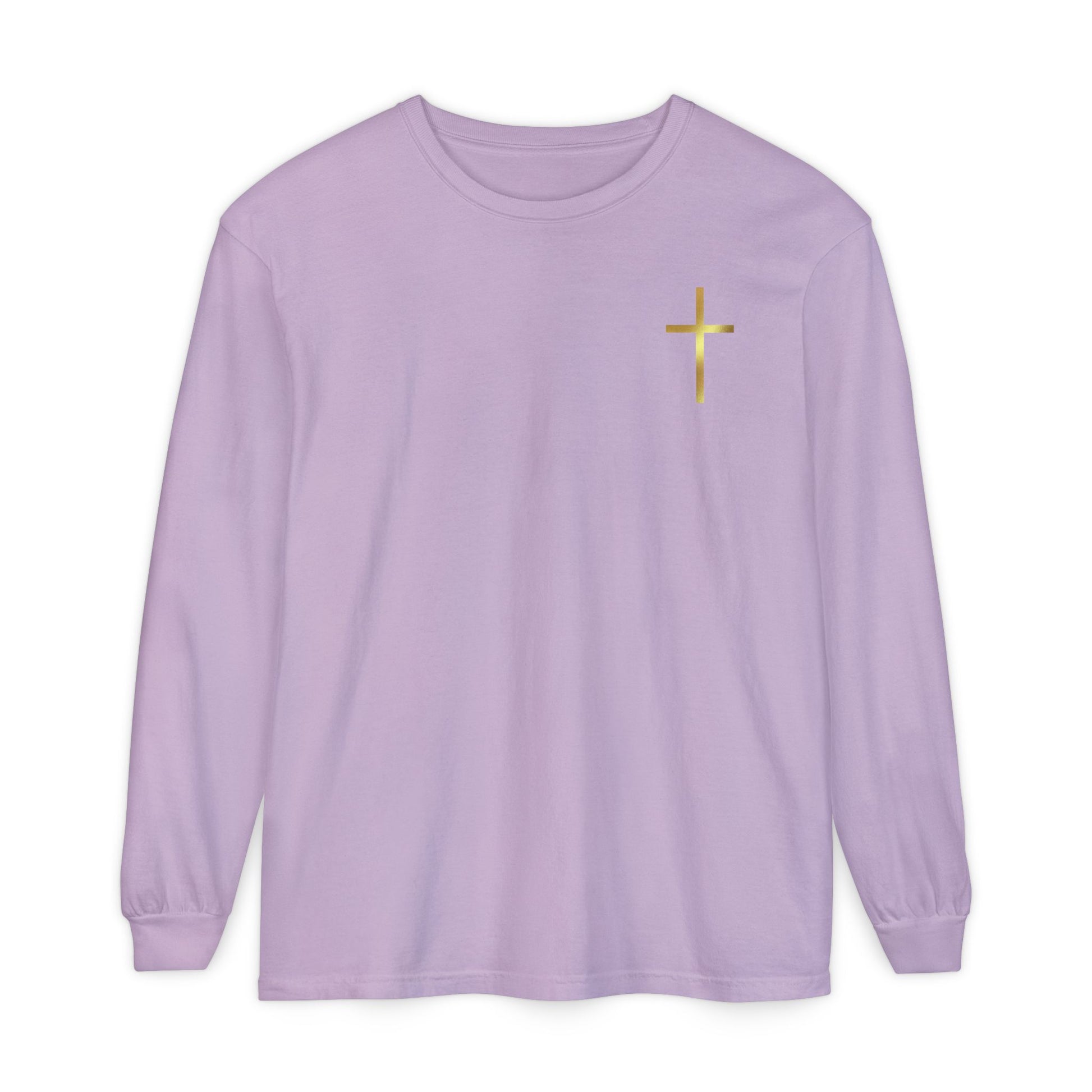 On the front of this custom Christian long sleeve shirt is a gold cross over the top left chest of the shirt.