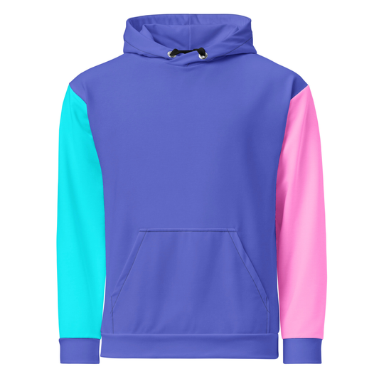 A custom hand sewn unisex hoodie that is purple on the front and the back along with the hood, the right sleeve is a bright turquoise blue with the left sleeve of the sweater being a bubblegum pink.