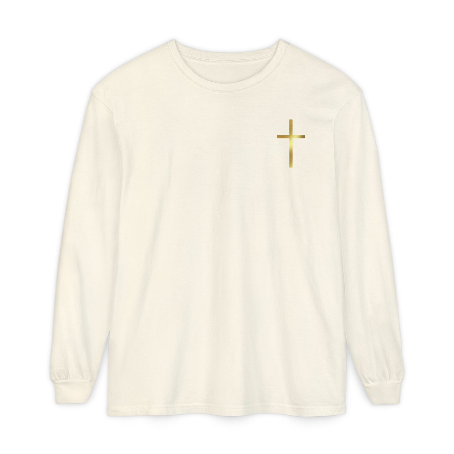 On the front of this custom Christian long sleeve shirt is a gold cross over the top left chest of the shirt.