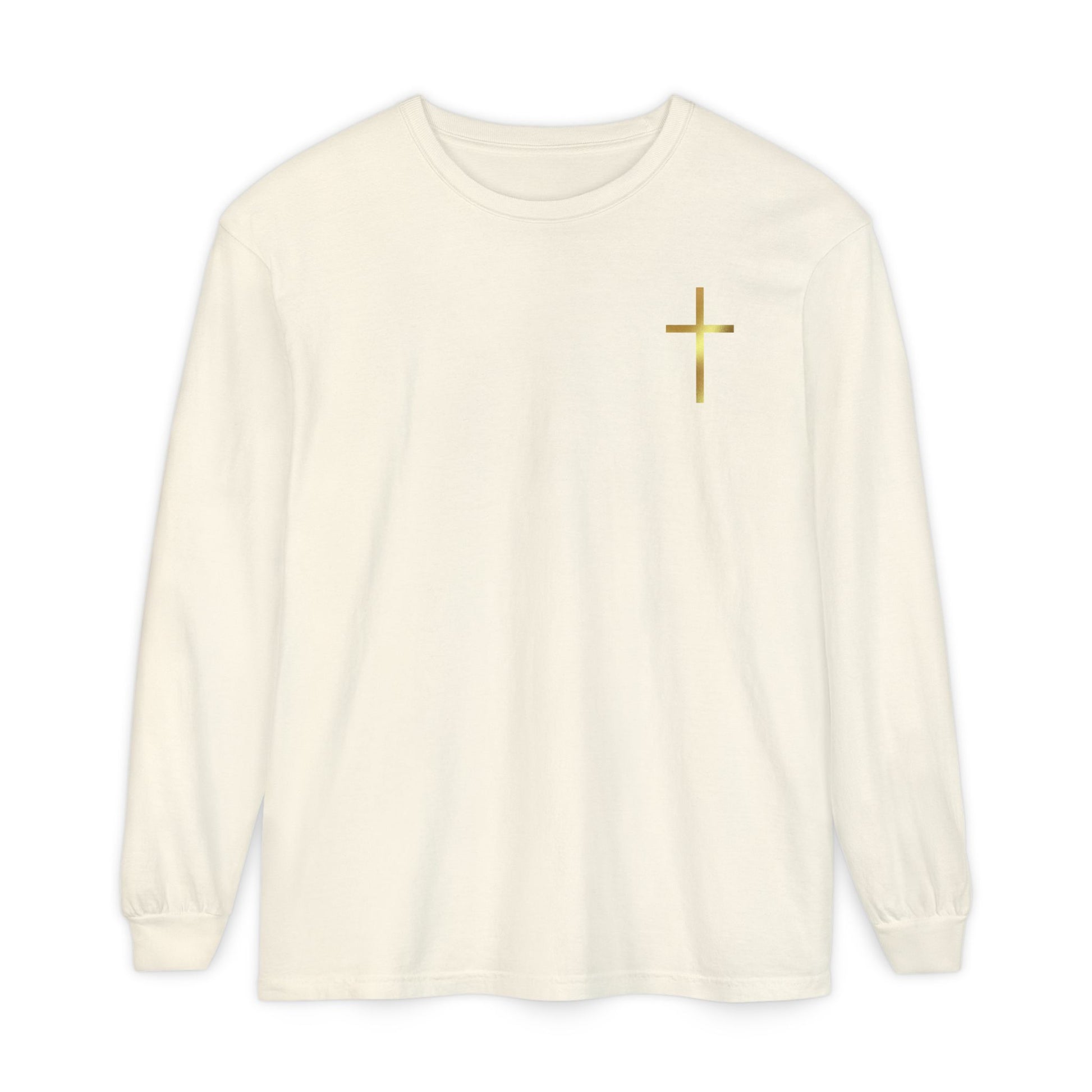 On the front of this custom Christian long sleeve shirt is a gold cross over the top left chest of the shirt.