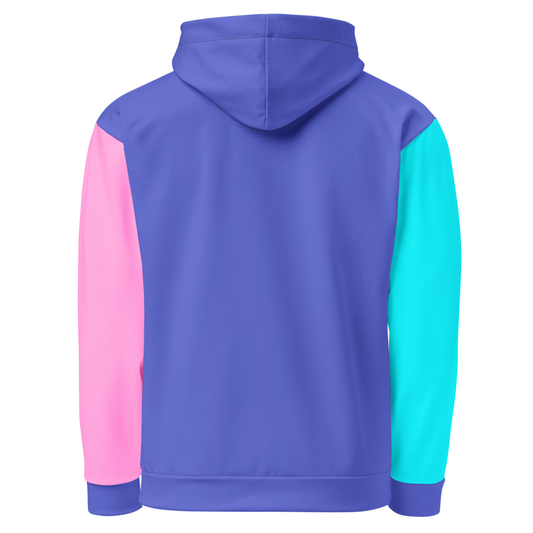 A custom hand sewn unisex hoodie that is purple on the front and the back along with the hood, the right sleeve is a bright turquoise blue with the left sleeve of the sweater being a bubblegum pink.