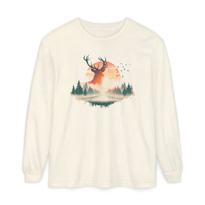 On the front of this custom unisex long sleeve shirt is beautiful landscape at dawn, there is a river in the middle with pine trees on either side, the sun is setting in the background with a large elk in the distance standing in front of the sun.