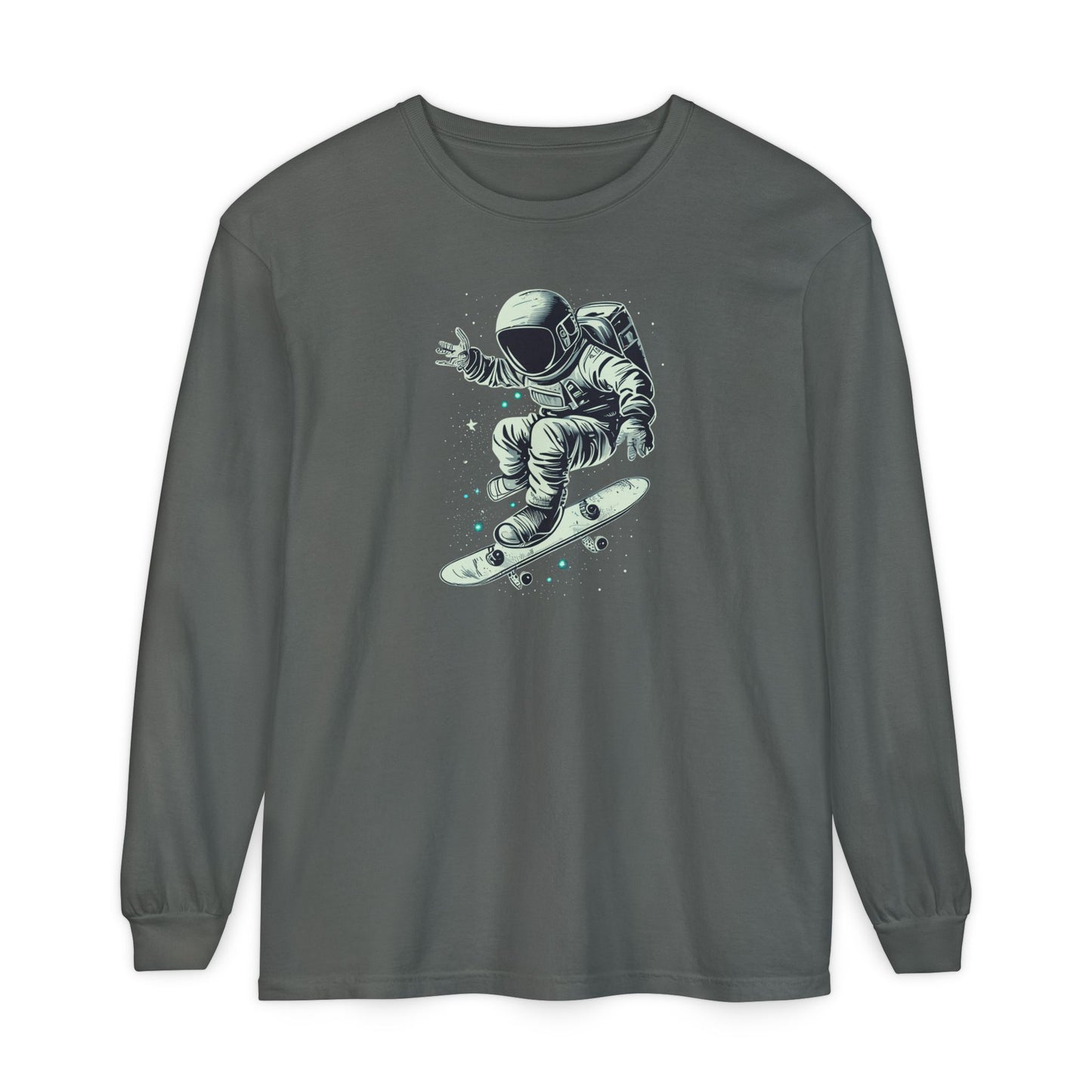On the front of this custom unisex long sleeve shirt is an image of an astronaut riding a skateboard, there are a bunch of stars around the astronaut.
