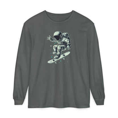 On the front of this custom unisex long sleeve shirt is an image of an astronaut riding a skateboard, there are a bunch of stars around the astronaut.