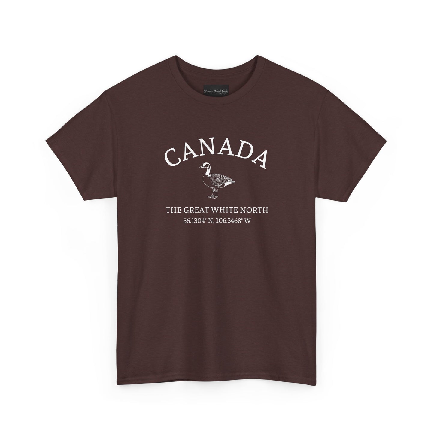 On the front of this patriotic short sleeve shirt is an image of a Canadian Goose with the word Canada above it in a half circle, the words "The Great White North" are underneath the image with Canada's coordinates underneath that.