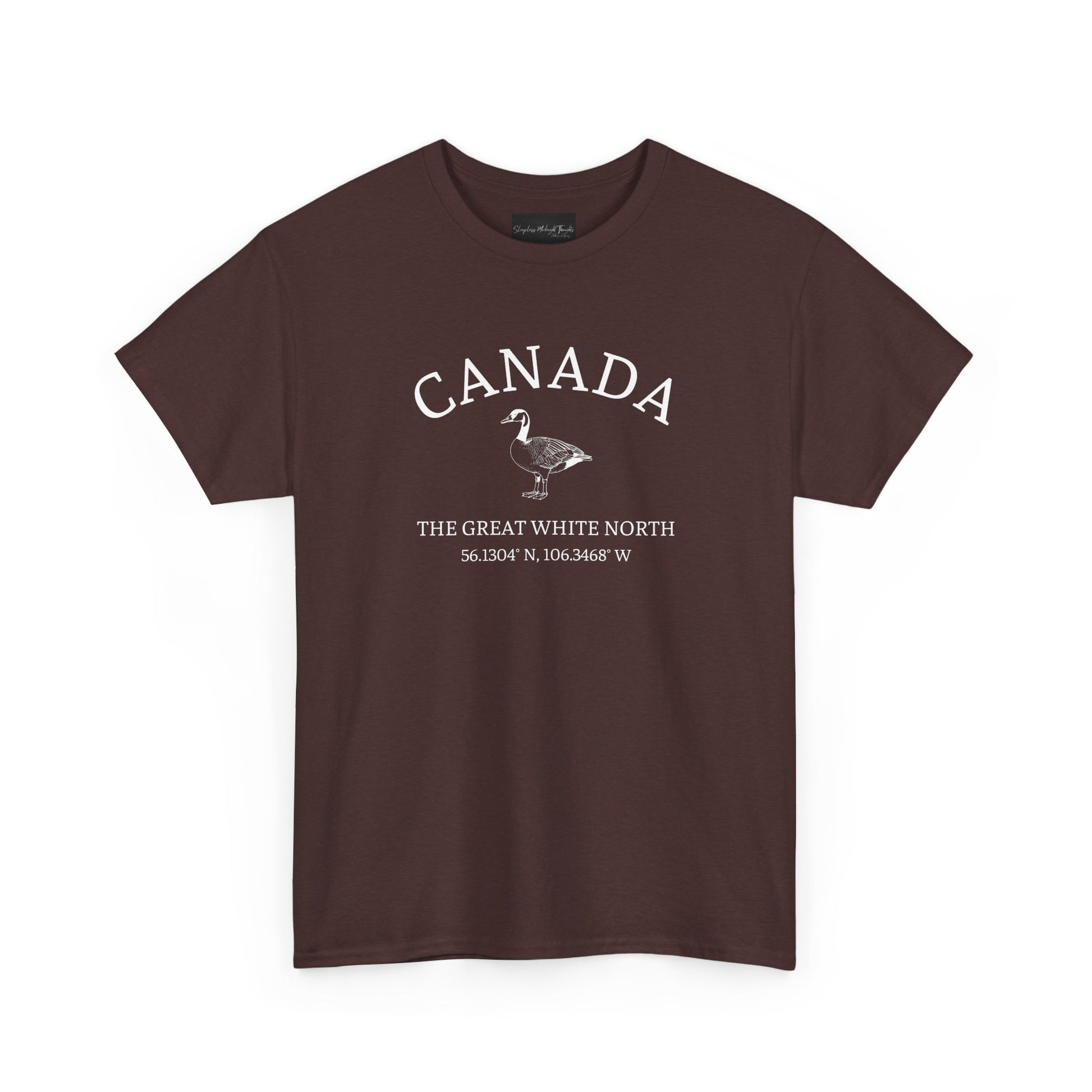 On the front of this patriotic short sleeve shirt is an image of a Canadian Goose with the word Canada above it in a half circle, the words "The Great White North" are underneath the image with Canada's coordinates underneath that.