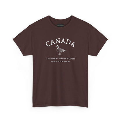 On the front of this patriotic short sleeve shirt is an image of a Canadian Goose with the word Canada above it in a half circle, the words "The Great White North" are underneath the image with Canada's coordinates underneath that.