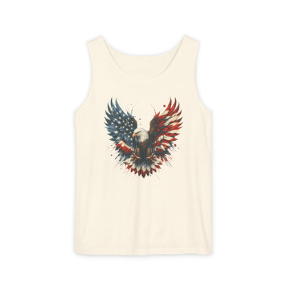 On the front of this unisex tank top is an image of an American Bald Eagle with it's wings out, the feathers of the bald eagle are the colors of the American flag being red, white and blue, there are also stars on one side of the eagle’s wings.